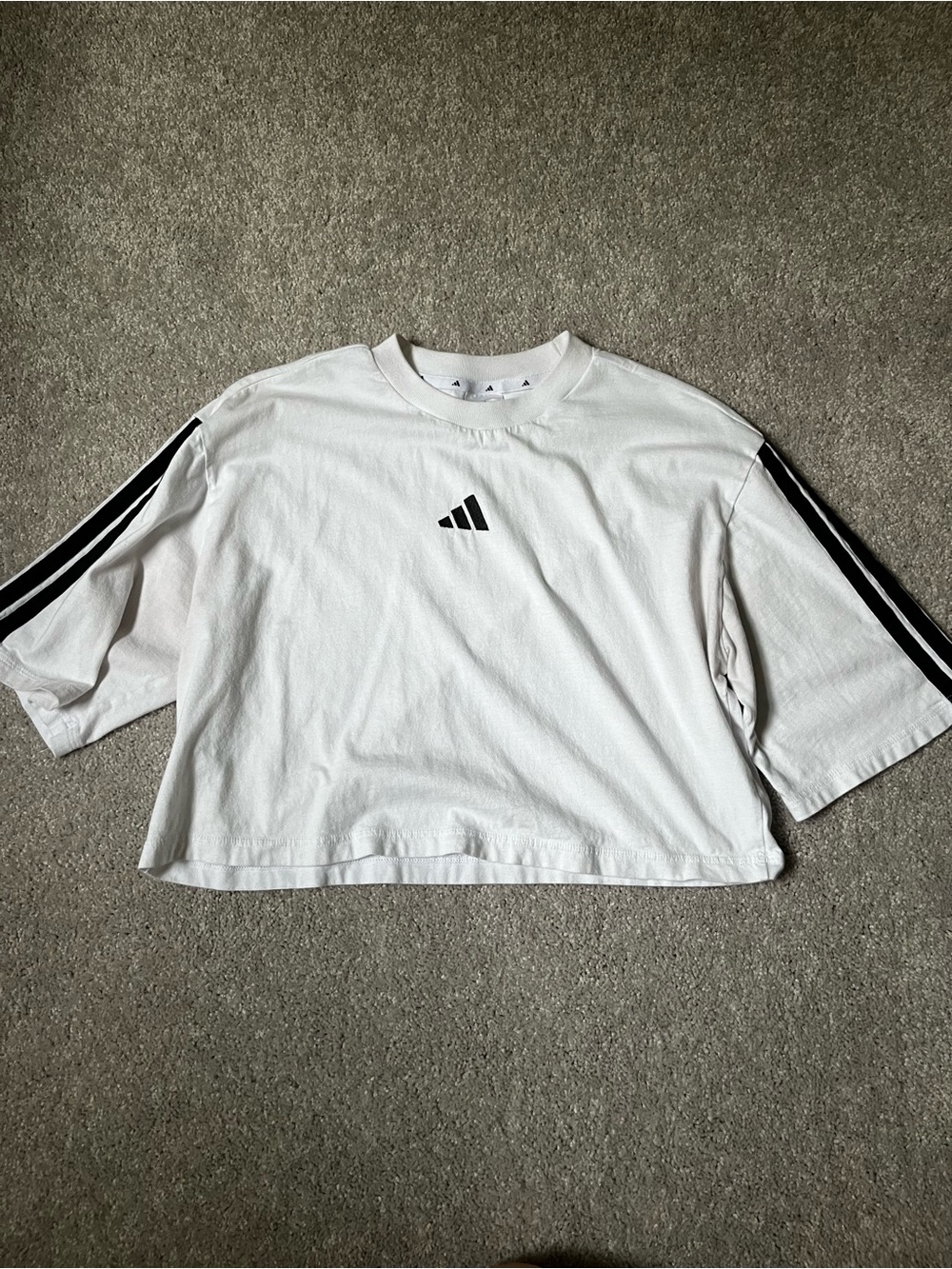 Adidas White Cropped Athletic Tee with Three-Stripe Detail